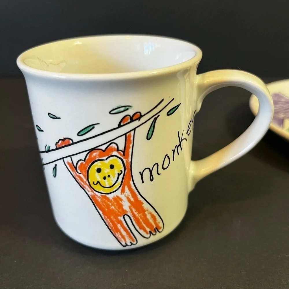 Pier 1 Childrens Dish Set: Jungle Animals Cup Bowl Plate Colorful Monkey Giraffe